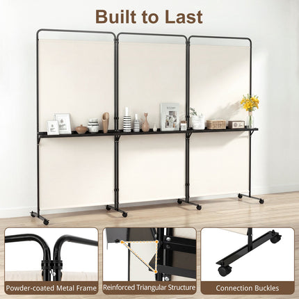 6 Ft White Room Divider with Shelves & Lockable Wheels