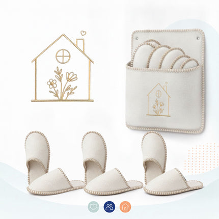 6 Pairs Beige Felt Guest Slippers with Storage Bag