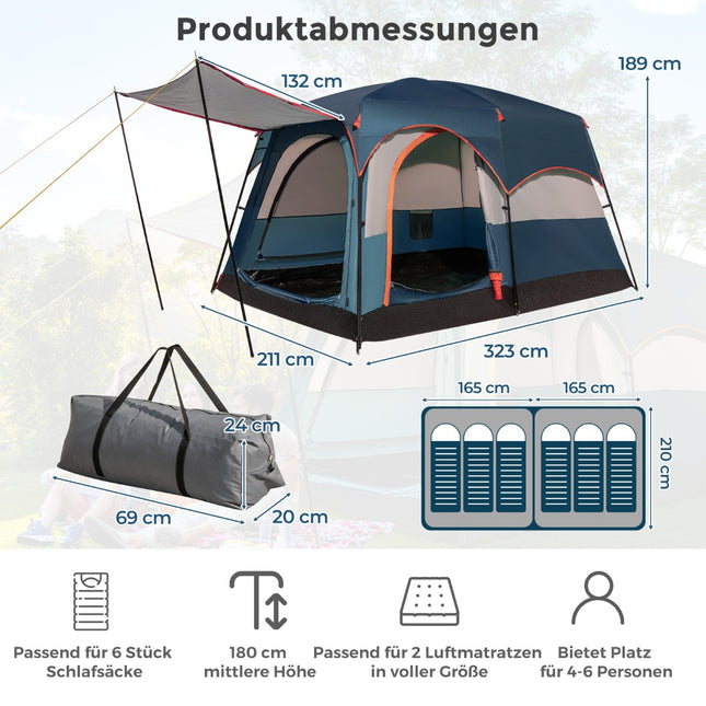 6-Person Camping Tent with Divider & Rainfly, Blue