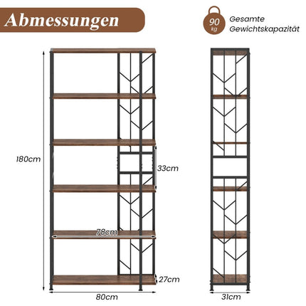 6-Tier Bookshelf with Metal Frame, 80 x 31 x 180 cm, Brown