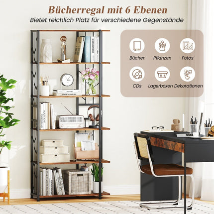 6-Tier Bookshelf with Metal Frame, 80 x 31 x 180 cm, Brown