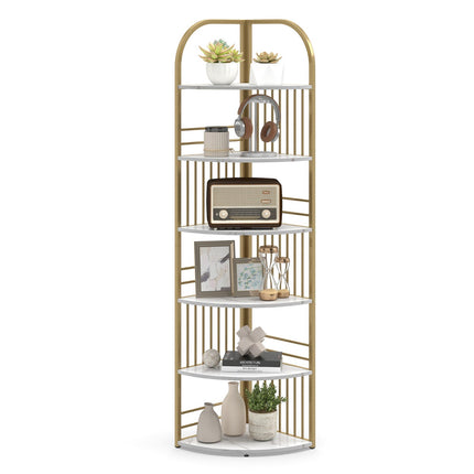 6-Tier Corner Bookshelf, Freestanding Metal Frame, White