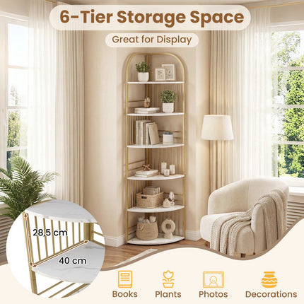 6-Tier Corner Bookshelf, Freestanding Metal Frame, White