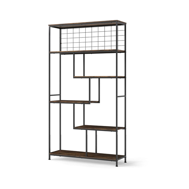 6-Tier Freestanding Bookshelf with Metal Grid, Rustic Brown