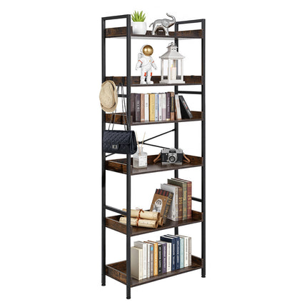 6-Tier Industrial Ladder Bookshelf, Metal Frame, Brown