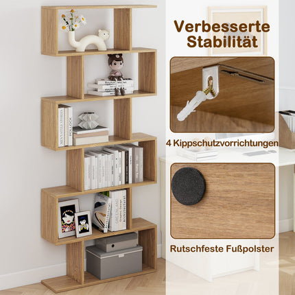 6-Tier S-Shaped Bookshelf, Freestanding Divider, Wood
