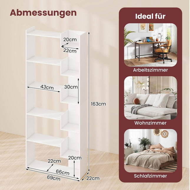 6-Tier Wooden Bookshelf with 11 Shelves, 163 cm, White