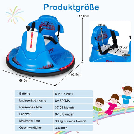 6V Children's Bumper Car 360 Degree Rotation with Music & Colorful LED Lights Blue