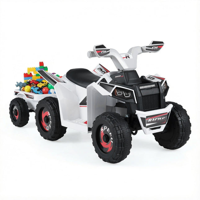 6V Kids Electric ATV with Trailer, Durable Wheels, White