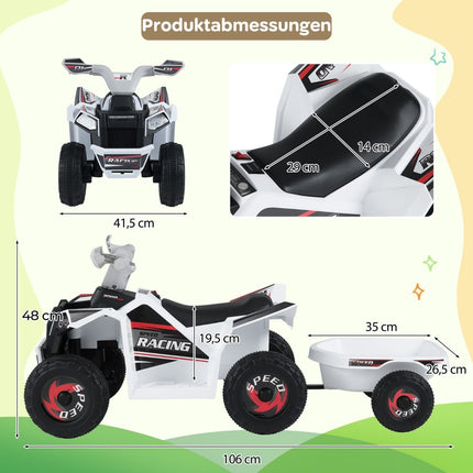 6V Kids Electric ATV with Trailer, Durable Wheels, White