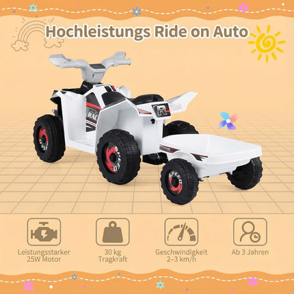 6V Kids Electric ATV with Trailer, Durable Wheels, White