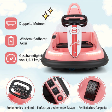 6V Kids Electric Bumper Car – 360 Spin, Music, Lights, Pink