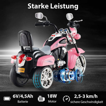 6V Kids Electric Motorcycle, Pink, Adjustable Lights & Sound