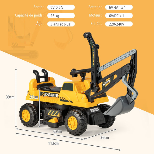 6V Kids Ride-On Digger, Rotating Seat, Music