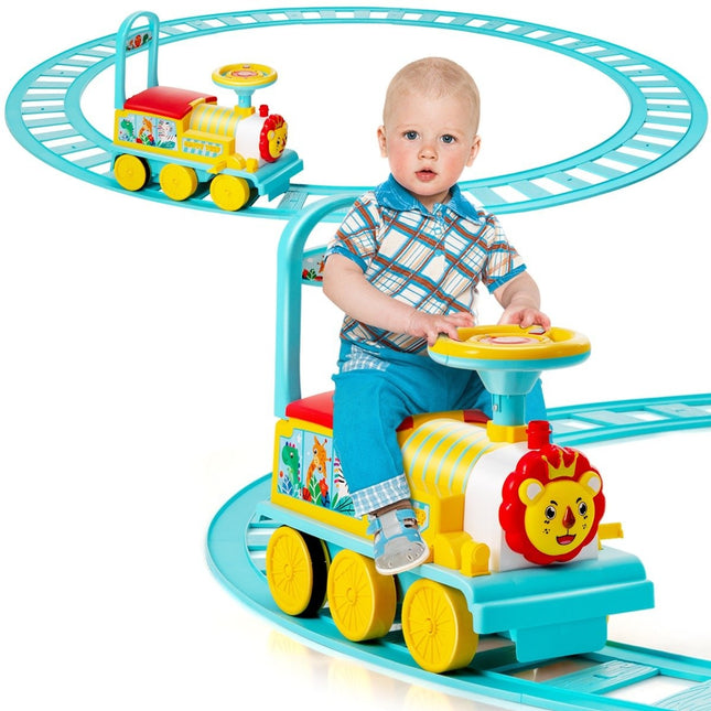 6V electric ride-on children's train with 16 rail pieces for children aged 3 and over. Blue