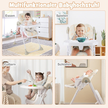 6 in 1 Convertible Baby High Chair with Reclining Functions &amp; Double Tray Folding High Chair Beige