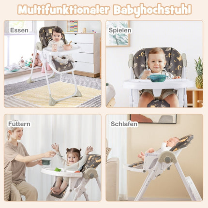 6 in 1 Convertible Baby High Chair with Reclining Functions &amp; Double Tray Folding High Chair Brown