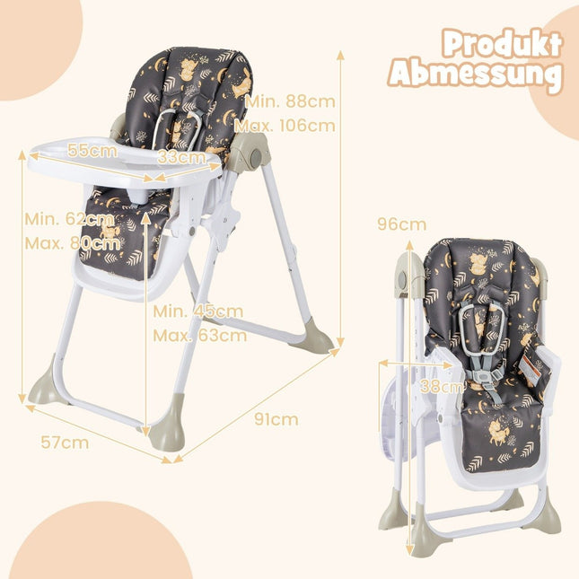6 in 1 Convertible Baby High Chair with Reclining Functions &amp; Double Tray Folding High Chair Brown
