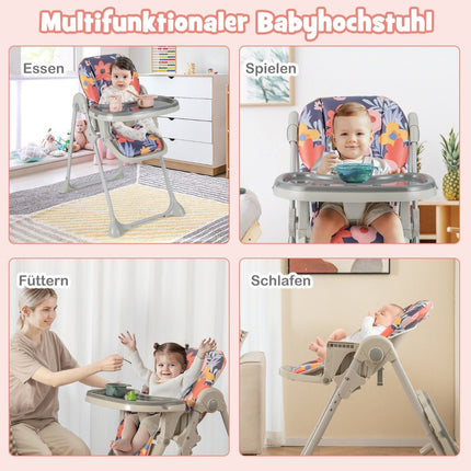 6 in 1 Convertible Baby High Chair with Reclining Functions &amp; Double tray folding high chair flowers