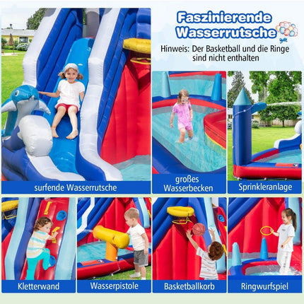 6 in 1 Inflatable Bouncy Castle with Climbing Wall & Splash Pool & Water Cannon & Basketball Hoop