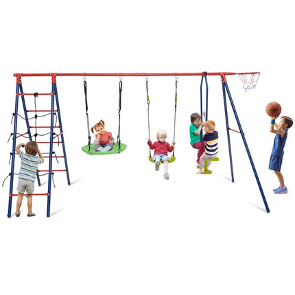 6 in 1 Swing Set with 2 Swings Glider Seats Climbing Net Climbing Ladder and Basketball Hoop 336 x 140 x 176 cm Red + Blue