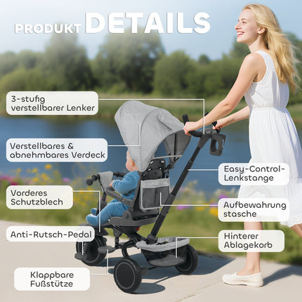 6-in-1 Toddler Tricycle, Adjustable Seat, Foldable, Gray