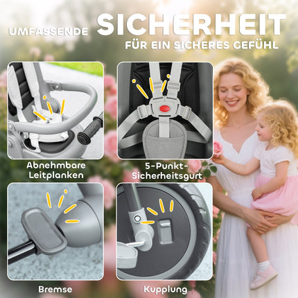 6-in-1 Toddler Tricycle, Adjustable Seat, Foldable, Gray