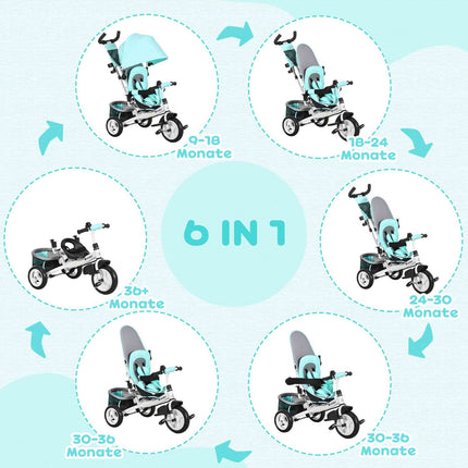 6-in-1 tricycle for children, pushbar and sunshade, green