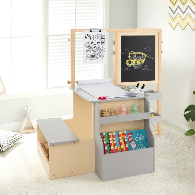 6 in 1 children's easel set with double-sided chalkboard & whiteboard & paper roll gray