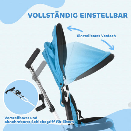 6-in-1 children's tricycle with push bar, roof, belt, storage basket, for 1-5 years, blue