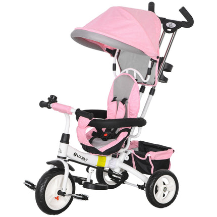 Children's Tricycle with Push Bar, Canopy, Storage, Pink