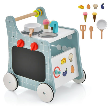 6 in 1 wooden baby walker with play kitchen & learning clock & shape adjustment & baby walker blue
