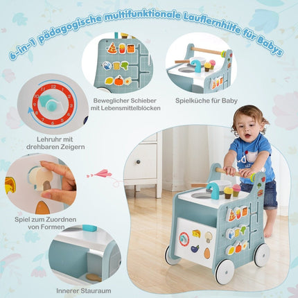 6 in 1 wooden baby walker with play kitchen & learning clock & shape adjustment & baby walker blue