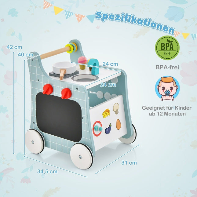 6 in 1 wooden baby walker with play kitchen & learning clock & shape adjustment & baby walker blue