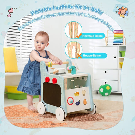 6 in 1 wooden baby walker with play kitchen & learning clock & shape adjustment & baby walker blue