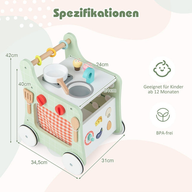6 in 1 wooden baby walker with play kitchen & learning clock & shape adjustment & movable slider green