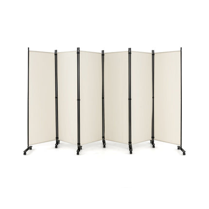 6-part foldable room divider 172 cm high privacy screen with lockable wheels beige