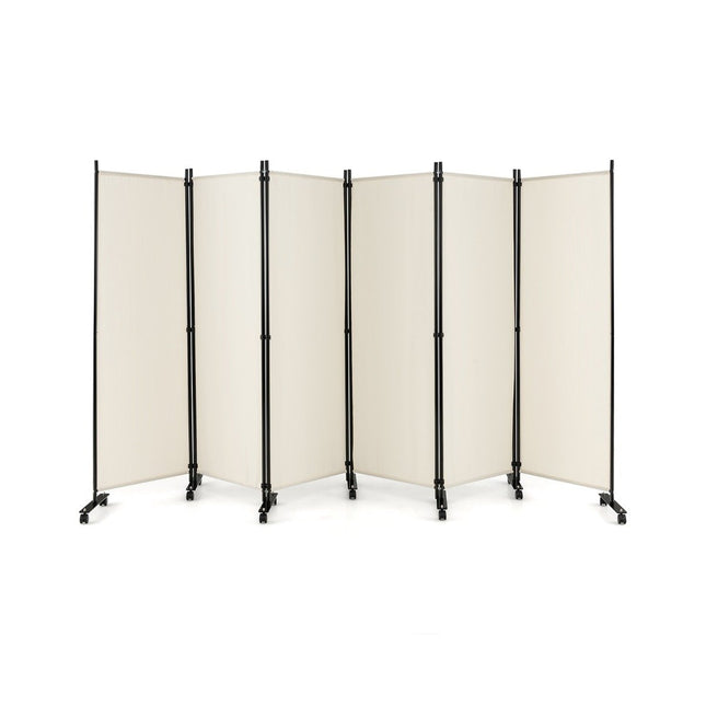 6-part foldable room divider 172 cm high privacy screen with lockable wheels beige