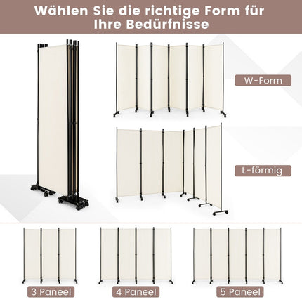 6-part foldable room divider 172 cm high privacy screen with lockable wheels beige