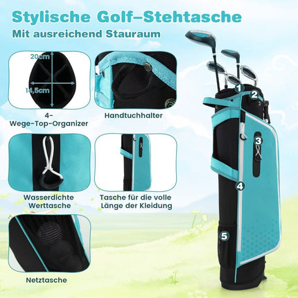 6-piece children's golf club set with golf bag and rain cover for children aged 11-13 years blue