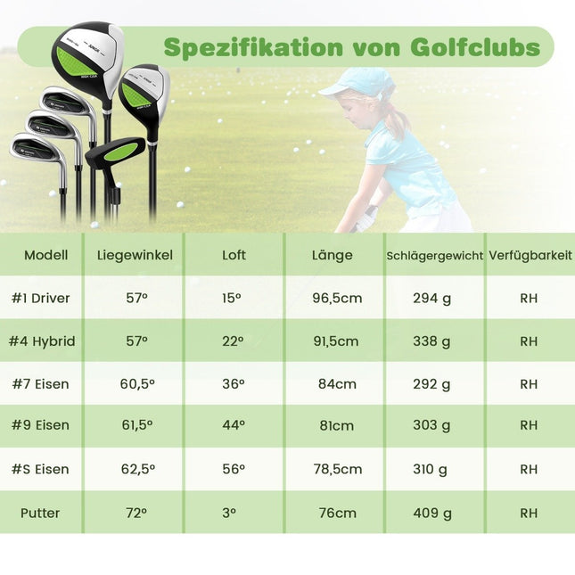 6-piece children's golf club set with golf bag and rain cover for children aged 11-13 years green