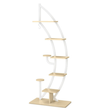 6-tier metal plant stand in half-moon shape with 2 small shelves & hooks white