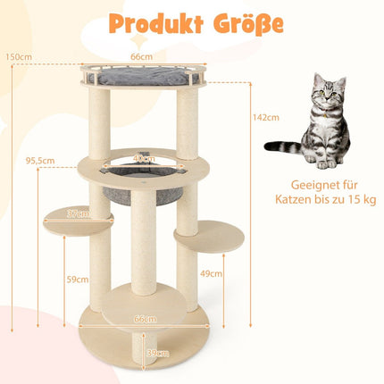 6-tier wooden cat tree with hammock & 4 lying surfaces & 3 scratching posts 66 x 66 x 150 cm