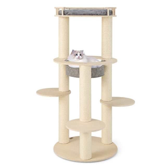 6-tier wooden cat tree with hammock & 4 lying surfaces & 3 scratching posts 66 x 66 x 150 cm