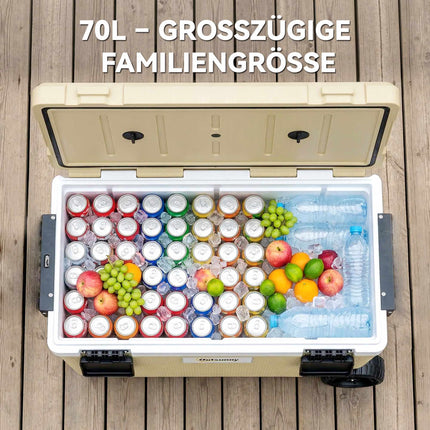 70L Cooler Box with Wheels, 72-Hour Insulation, Drain Valve