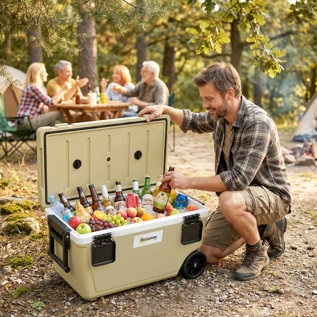 70L Cooler Box with Wheels, 72-Hour Insulation, Drain Valve