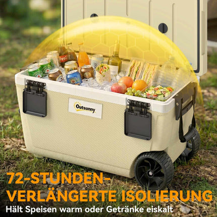 70L Cooler Box with Wheels, 72-Hour Insulation, Drain Valve