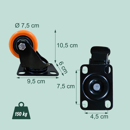 75mm Swivel Castors, Set of 4 – Steel, PVC-Coated Wheels