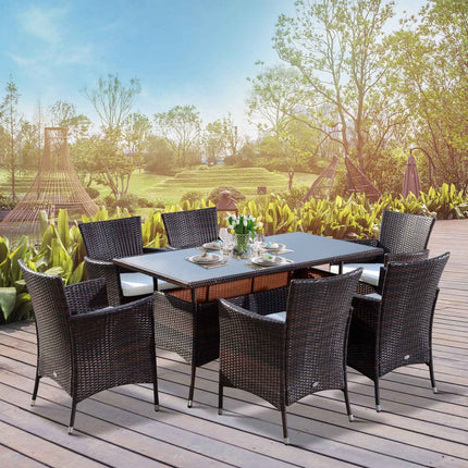 7-piece brown poly rattan garden dining set with cushions