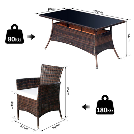 7-piece brown poly rattan garden dining set with cushions